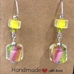 ARTISAN LAMPWORK EARRING - 925 STERLING SILVER DANGLE YELLOW DRUM BARREL BEADS